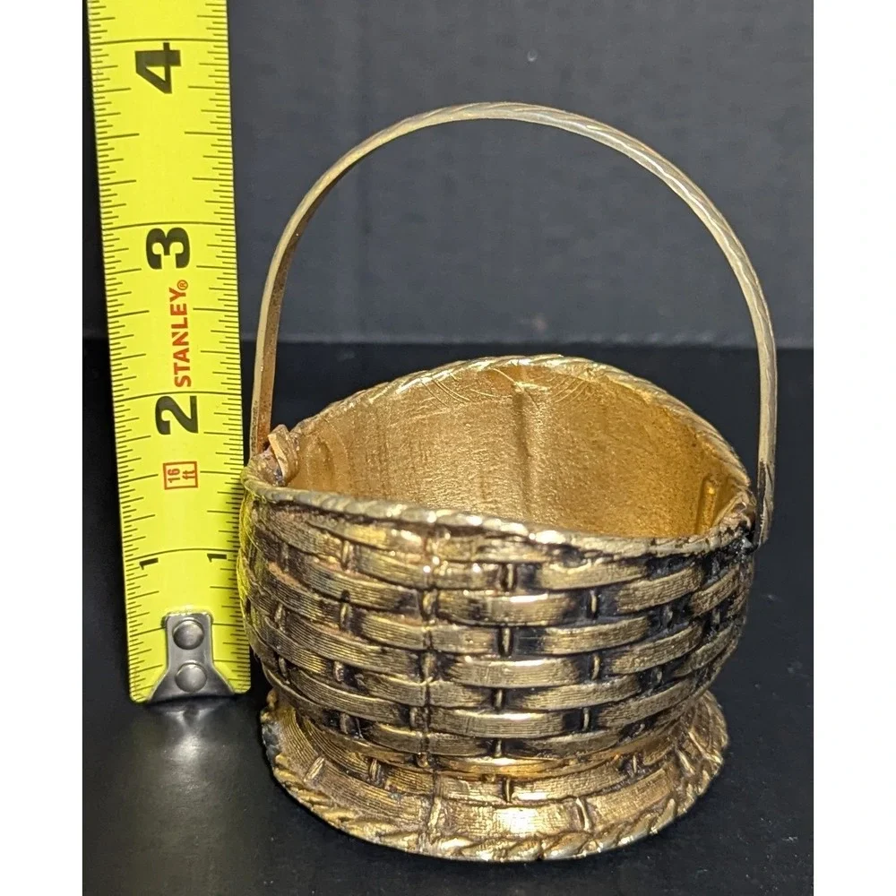 Vintage Solid Brass Woven Basket With Braided Handle Original Felt Bottom 3.75